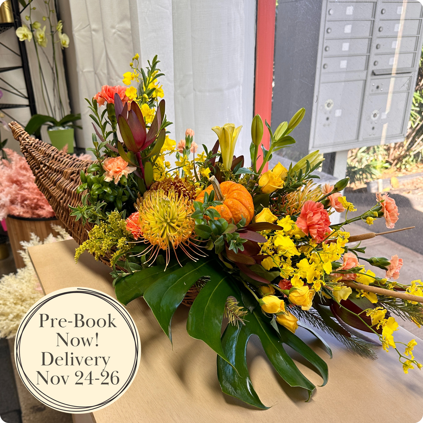 Bountiful Blessings - Fall Cornucopia Floral Arrangement